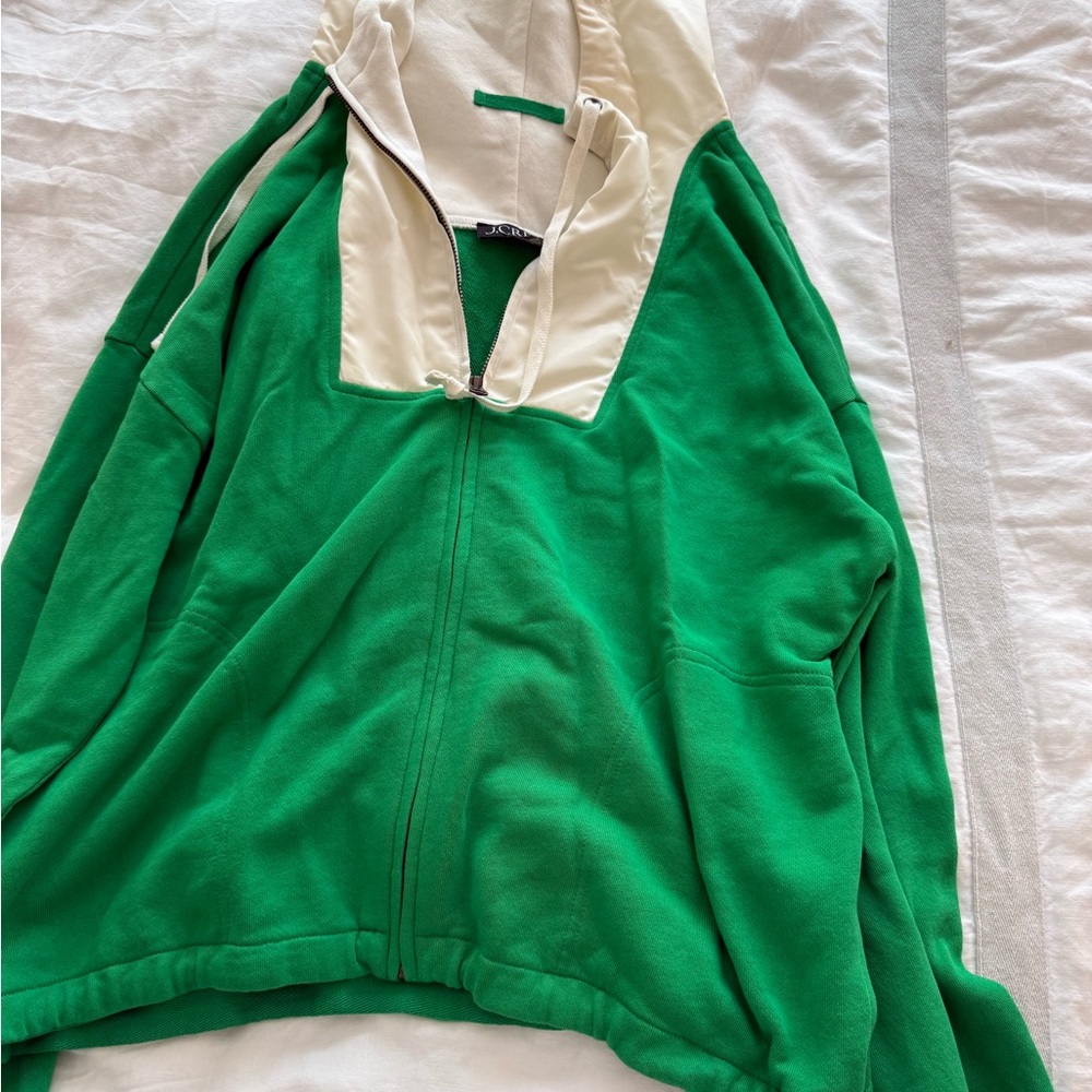 JCrew Green and White Zip-Up Hoodie